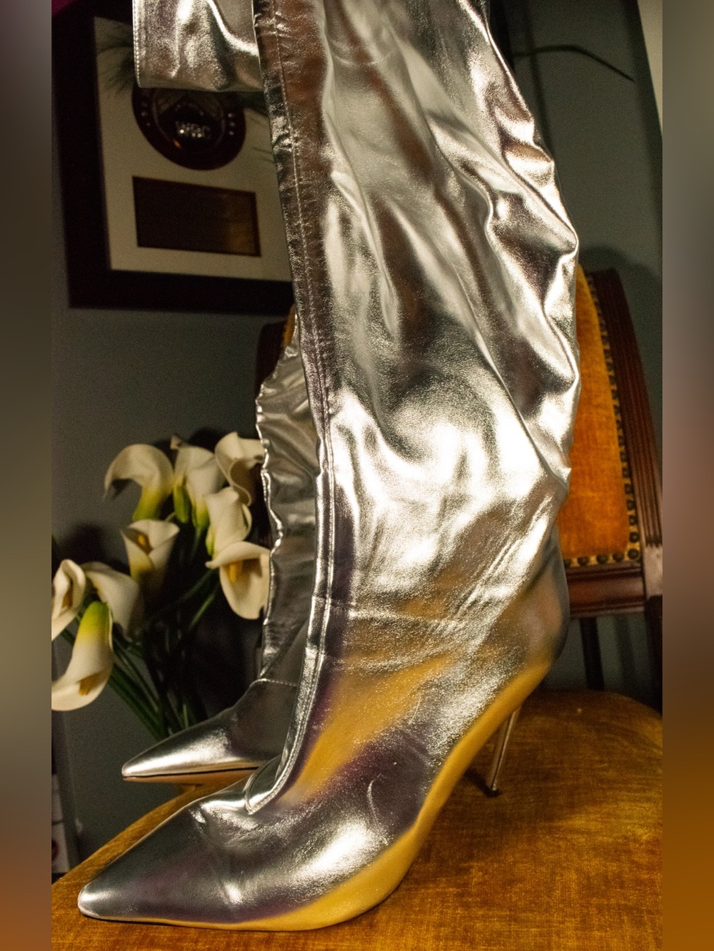 SIZE 13 (45) Metallic Silver Stiletto Thigh-High Boots